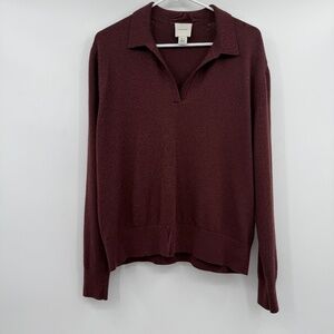 Calvin Klein Sweater Women XL Burgundy V Neck Collar Wool Blend Pullover Knit